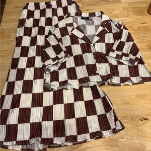 Dressed in LALA Brown and White Checkered Midi Plisse Set